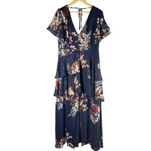 Lulus Midnight Mood Navy Blue Floral Print Tiered Maxi Dress Size XXL